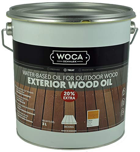 WOCA Denmark Aceite de madera exterior para terraza, alerce, 3 L, penetrante a base de agua, para terrazas de madera, vallas, revestimientos y muebles de exterior