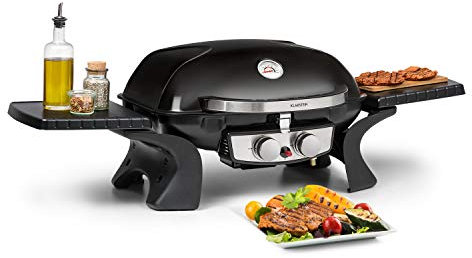 Klarstein Parforce Duo Gasgrill BBQ-Gasgrill mit 4,4kW - 2 Brenner, bis 300 °C, Gastyp: Butan/Propan, Edelstahl, 15000 BTU, elektrische Zündung, 50 x 39 cm große Grillfläche, Deckel, schwarz