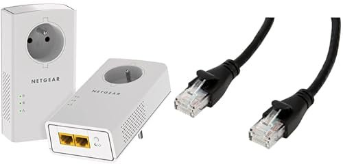 NETGEAR PLP2000-100FRS Pack de 2 Prises CPL 2000 Mbps avec Prise filtrée et 2 Ports Ethernet & Amazon Basics Câble réseau Ethernet RJ45 catégorie 6-1,5 m