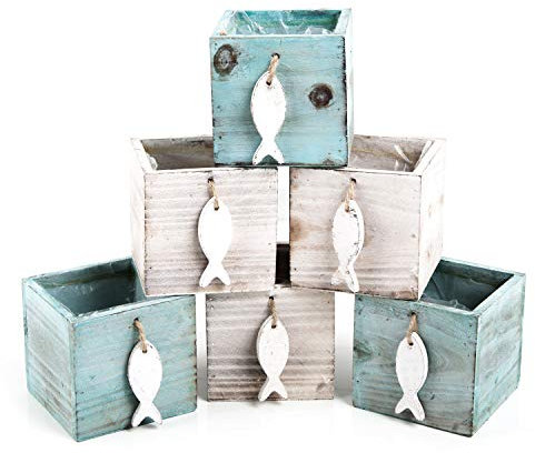 Logbuch-Verlag 6 Blumenübertöpfe Holz Fische Tischdeko Kresse Kräuter mini klein Mint beige 9,5 cm quadratisch