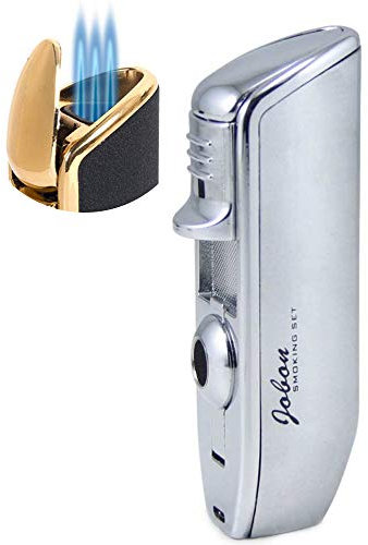 Briquet Coupe-Vent à 3 Becs Allume-Cigare Turbo Flame Jet Torche de Coup de Feu Puissante Réglable avec Boîte Exquise, Pas de Butane (gaz),Silver
