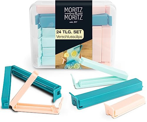 Moritz & Moritz 24 Chiudi Sacchetti Cucina - Clip sacchetti del congelatore per la conservazione degli alimenti - Clip Chiudi Sacchetti in scatola trasparente - 3 Colori