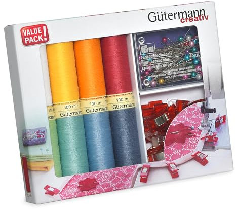Gütermann creativ Nähfaden-Set mit 8 Spulen Allesnäher 100 m in fröhlichen Farben + Clips und Stecknadeln
