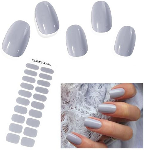 EBANKU 20PCS Gel Nail Stickers, Grey Gel Nail Strips Long Lasting Gel Strips for Nails UV Gel Nail Stickers with Nail File & Wooden Stick for Women Manicure