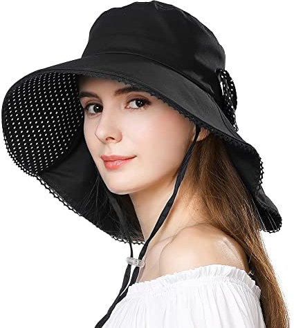 Comhats Faltbarer Damen Sonnenhut mit Nackenschnur Sonnenschutz Breite Krempe UV 50+ aus 100% Baumwolle Schwarz L