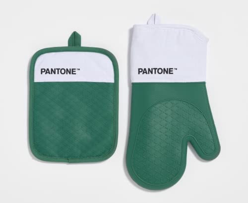 Pantone™ - Set de Cuisine composé d'un Gant de Four + manique, en Coton avec poignée antidérapante en Silicone - Accessoires de Cuisine utiles résistants à la Chaleur jusqu'à 250 °C - Blanc/Vert