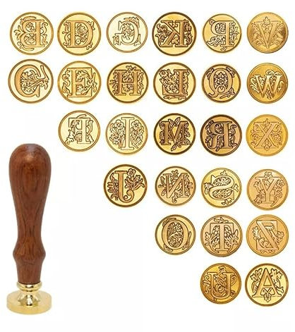 JasCherry Wachs Siegel Stempel Set, Alphabet Initialen Siegel Stempelkopf Kupfer mit 2 Holzgriff, Classic Vintage 26 Buchstaben AZ Geschenkbox für Antikes Manuskript, Grußkarten, Hochzeit Einladung