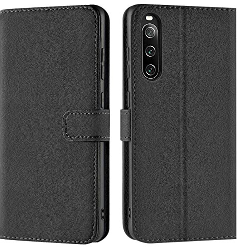 Verco Handyhülle für Sony Xperia 10 IV Hülle, Bookcase Tasche Flipcover für Sony Xperia 10 IV (2022) Case [Kartenfächer/Aufstellfunktion], Schwarz