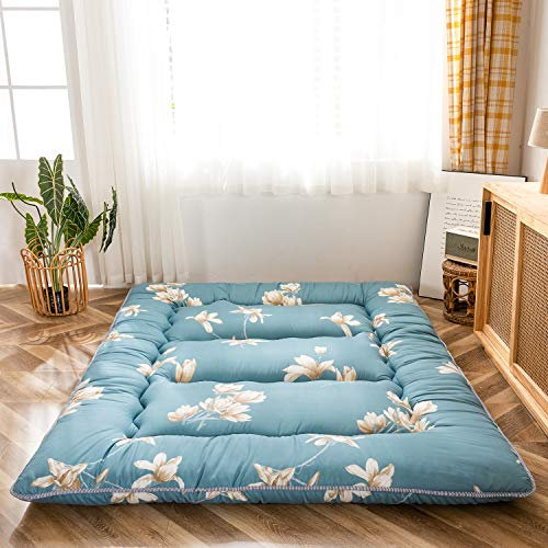 MAXYOYO Japanische Bodenmatratze Futon Matratze, Verdicken Tatami Matte Schlafunterlage Faltbare Roll Up Matratze Schlafsaal Matratzenauflage Bodenliege Kissen Bett (Blaue Blume, 90 x 190 cm)