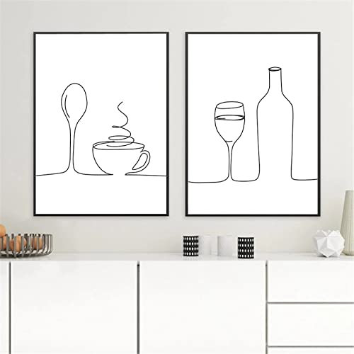 OTURRI Café Vin Abstrait Dessin Au Trait Toile tableau Peinture Affiches Imprimer Couteau Et Fourchette Cuisine Murale Art Minimaliste Murale Tableaux Decoration À La Maison 40x60cmx2 Sans Cadre