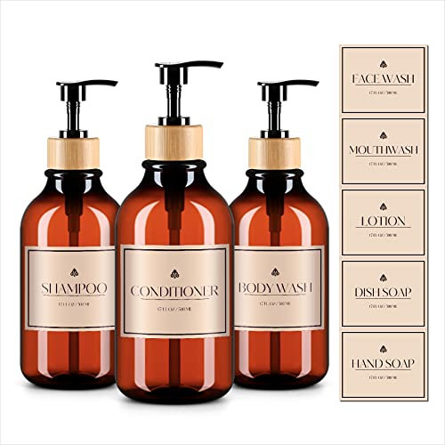 Shampoo Flaschen zum Befüllen, Seifenspender, Pumpflasche, Shampoo Duschgel Spender für Küche Bad Flüssigseifen, 3er-Pack 500 ml mit 8 Wasserfeste Etiketten Braun