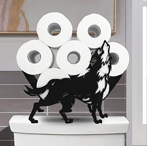 Wolf Tierpapierhalter, schwarzer Metall-Toilettenpapierhalter, dekorativer Metallpapierhalter, freistehender Metall-Toilettenpapier-Organizer, hält zusätzliche 8 Rollen