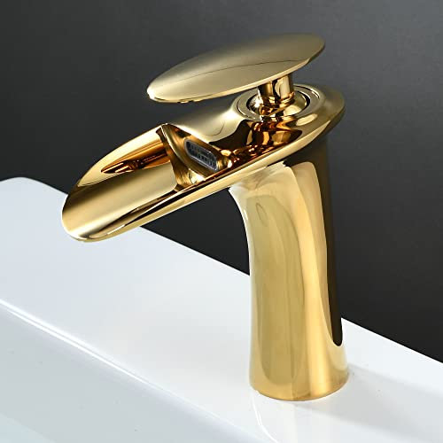 Robinet Lavabo Cascade Doré Or, SHUNLI Design Elégant Robinet Salle de Bain, Mitigeur Lavabo Robinetterie en Laiton, Eau Chaude et Froide Disponible