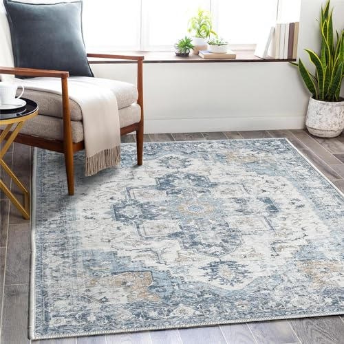 TOPICK Blau Teppich Floral Waschbar Superdünne Vintage Blumenteppich Kurzflor Läufer Orientalischer Küchenteppich Schlafzimmer Wohnzimmer Esszimmer Büro Faltbar Flower Teppichläufer 150x210cm