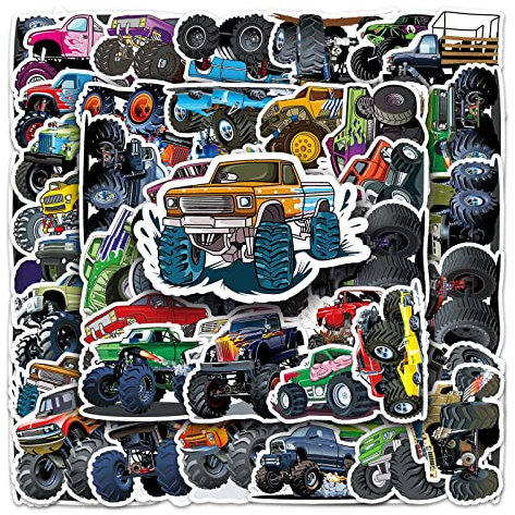 LYLSDSB 50 Stück Monster Truck Aufkleber Cartoon Cute Auto Sticker für Laptop Skateboard Fahrrad Motorrad Computer Wasserflaschen Gepäck Koffer,Wasserdicht Cool Truck Aufkleber für Erwachsene Teens