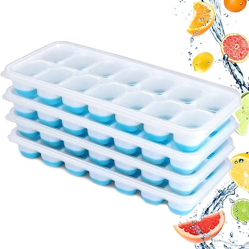 CUQOO Silicone Ice Cube Tray with Lid - Reusable Ice Cube Trays for Freezer, Easy Release BPA-Free Trays with Rubber Molds for No-Spill Storage, 4 pcs Blue