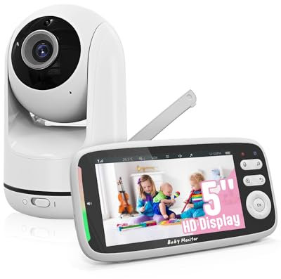 MOXTOYU Video Baby Monitor, 5 HD IPS Large Screen Baby Monitor with Camera and Night Vision, Audio, Two-Way Talk, Remote Pan-Tilt-Zoom, Temperature, Feeding Reminder, VOX Mode, 8 Lullabies - Black