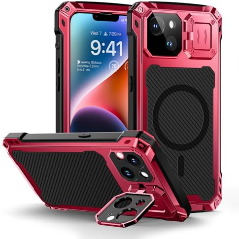 Lanhiem for iPhone 14 Case, [Tempered Glass Screen Protector][Camera Kickstand] Heavy Duty Shockproof Cover for 14 Metal Tough Case, Full Protective Case for iPhone 14 (Red)