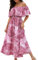 CUPSHE Robe de plage florale à volants pour femme - Épaules dénudées - Manches courtes - Corsage à volants - Ourlet fendu - Maxi robe d'été, rose, Taille XL