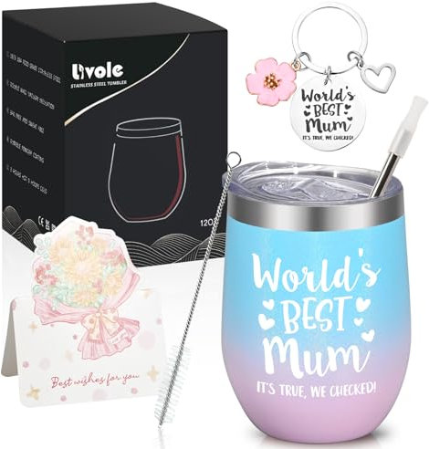 Livole Mum Gifts for Mothers Day, Christmas, Birthday, Best Mum Gifts, World’s Best Mum, Mothers Day Cards, Key Rings Chain for Mum, Women, Mum Coffee Mug, 12oz 350ml Double Walled Wine Tumbler