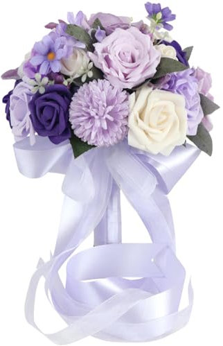 MOJUN Hochzeitssträuße für Braut, Brautjungfer, Blumenstrauß, staubige violette Seidenrose, künstlicher Hochzeitsstrauß, Brautstrauß für Hochzeitszeremonie, Jahrestag, Party, Heimdekoration,
