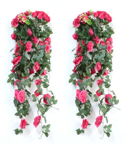 Hocadrv 2 Stück Kunstpflanzen Hängend Seide Rose Blumen Gefälschte Künstliche Hängende Blumen 90 cm Künstliche Hängepflanzen Efeu Künstlich für Haus Garten Hochzeit Terrasse(Rot)