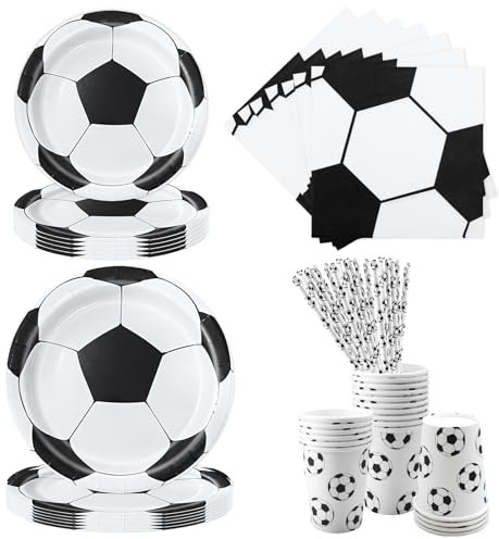 Aitsite Lot de 50 pièces de vaisselle de fête de football - Noir et blanc - Assiettes de fête d'anniversaire pour 10 invités - Vaisselle de football pour anniversaire d'enfant - Assiettes, gobelets,