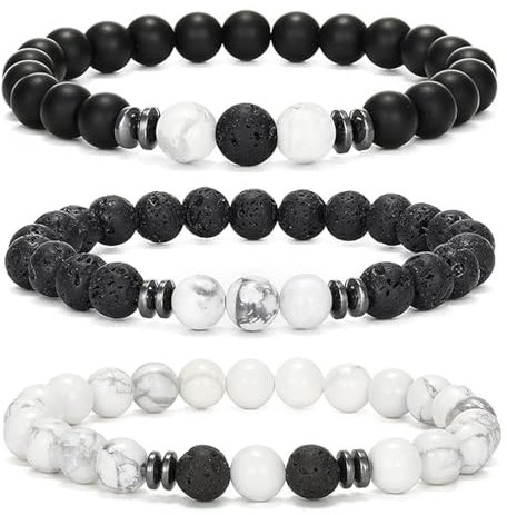 8 mm Perlenarmbänder Set, 3 pcs Perlenarmband Herren mit Schwarzen Lavastein, Naturstein Yoga Perlen Elastische Armbänder Verstellbares Herren Armbänder Set Geschenke für Männer (WeiB)