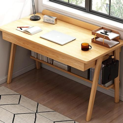 GWWBD Schreibtisch für Zuhause, Büro, Computertisch, Mitte des Jahrhunderts, moderner Walnuss-Schreibtisch mit 2 Schubladen und Regalen (Größe: 119 cm, Farbe: Eiche)