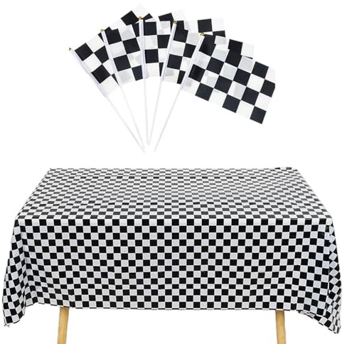 1 nappe à carreaux noir et blanc, 5 drapeaux ondulés noirs et blancs, nappe de mise en page de table, nappe de décoration pour fête du thé, nappe d'événement