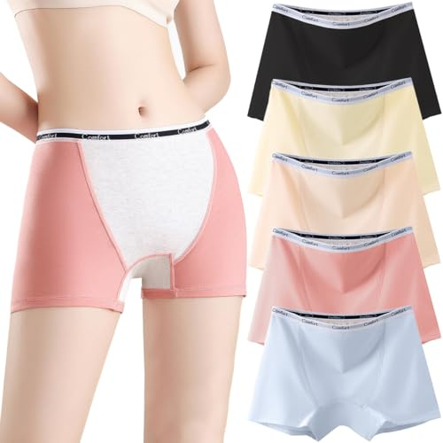 Hornice Menstruationsunterwäsche für Damen Boxershorts Baumwolle Periodenunterschwäsche Starke Blutung Periodenhöschen Unterhosen Sicherheitsshorts für Kleider,Röcke,Alltag,Mehrfarbig,5er Pack, XXL