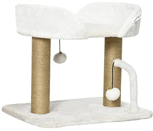 PawHut Árbol Rascador para Gatos Pequeños Altura 42 cm Árbol para Gatos con Nido Bolas Colgantes y Postes de Sisal 48x38x42 cm Blanco