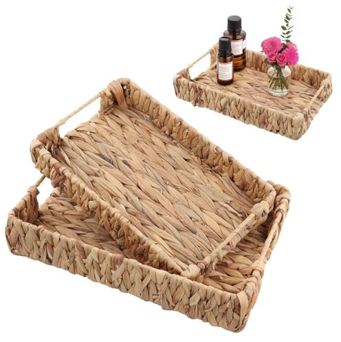 Focenat Pack 2 Bandeja de Ratán Natural,Bandejas De Mimbre Tejidas A Mano,Bandeja de Cesta Tejida Decorativa,Bandeja De Servicio Tejida De Ratán,Bandeja de Almacenamiento,para Bebida,Desayuno,té,Vela