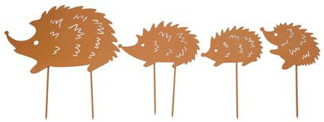 Set of 4 Hedgehog Stakes Rusted Look Garden Stakes For Autumn Decor, Rusty Metal Hedgehog Figures Garden Ornaments Outdoor Animals