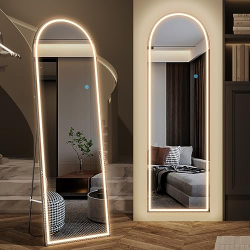 LVSOMT Bogen Ganzkörperspiegel mit Beleuchtung, 160x50cm Gewölbter Standspiegel LED, Wandspiegel Groß mit Beleuchtet, Moderne Spiegel in Voller Größe, Stehspiegel ohne rahmen für Schlafzimmer, Schwarz