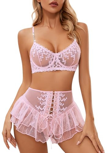 GIVTULIP Damen 3-TGL Minirock + Blumen Spitzen Push Up BH + Tanga, Dessous für Frauen, Teddy, Sexy Straps, Tiefer V-Neck, Mesh Sherr Frauen Dessous Sexy Reizwäsche Set Unterwäsche Lingerie Negligee