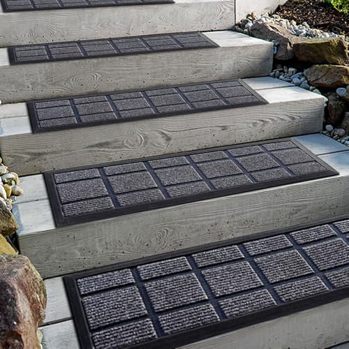 Aucuda 4er Set Stufenmatte Außen aus Gummi, 76 x 22 cm Wetterfeste & rutschfeste Treppenstufen Matten, Anti-Rutsch Wärmedämmung Gummimatten für Outdoor, Antirutschmatten Graue Blöcke Treppenmatte.