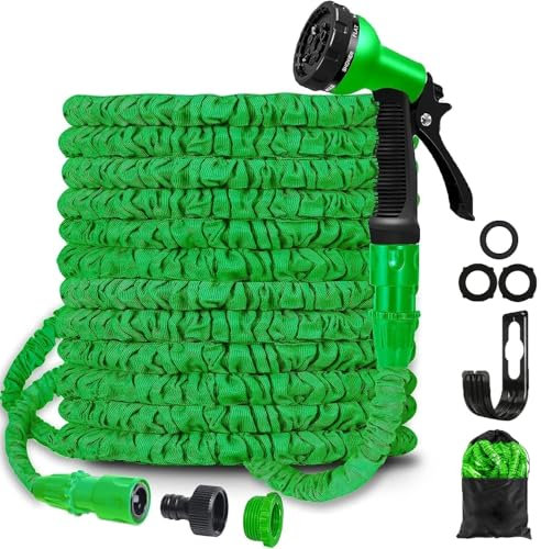 Gartenschlauch Flexibel 15m, Flex Garten Schlauch Wasserschlauch mit 8 Modi Erweiterbare Schlauch Spritzpistole 3/4 zoll und 1/2 zoll Magisches Wasserrohr, Grün