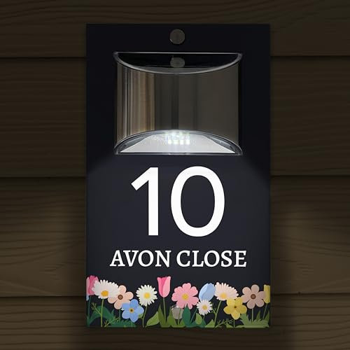 Custom Signs Solar Illuminated Modern Anthracite Grey House Number Sign 24cm x 14.5cm Pastel Flowers