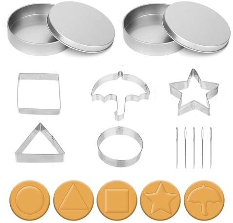 KATIMI 12PCS Korean Sugar Candy Making Tools, Stainless Steel Cookie Cutters with Box Needle, Squid Candy Game Chocolate Molds Christmas Cookie Cutters Umbrella Triangle Star Round Pentagram Square