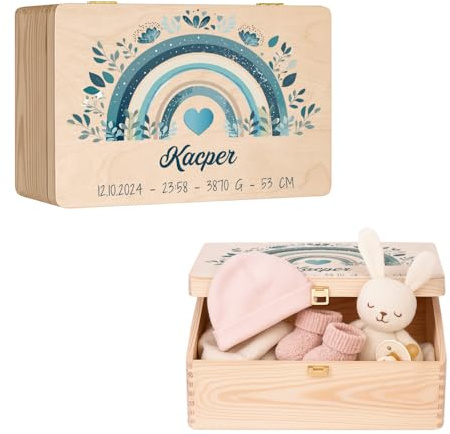 Maverton Erinnerungsbox Baby mit Namen, Aufbewahrungsbox mit Deckel | Personalisierte Geschenke Baby, Geschenk für Mädchen und Jungen zur Geburt zur Taufe, aus Kiefernholz