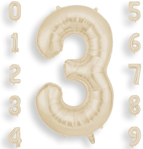 AOOSU Geburtstag Zahlen Luftballon 3 Beige, 40 Zoll Geburtstagsdeko Ballon 3, Riesige Folienballon Weiß Creme Helium Ballons für Männer Frauen Geburtstagsparty Deko, Jubiläum 3 Jahre Deko