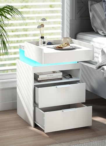 Quikraen Bedside Table with Concealed Drawers Modern Widen Night stand Bedside Cabinet with 2 Drawers with Charging Station & LED Lights (Black)