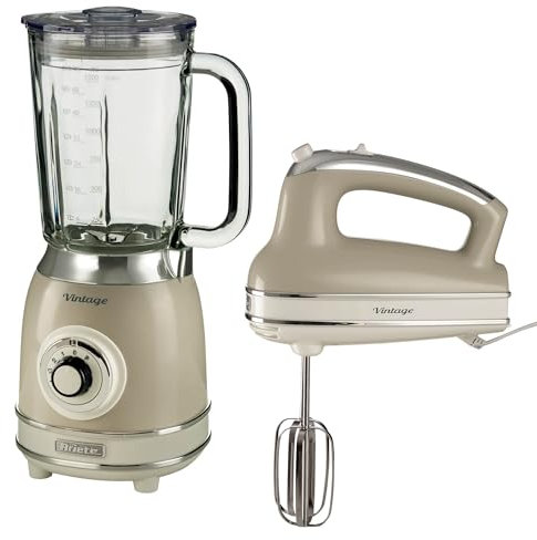 Ariete Vintage Hand Whisk AR4805 & Blender AR8305, Retro Style Food Prep Set with Stainless Steel Blades, Multiple Speed Settings & Easy-Clean Design, Cream