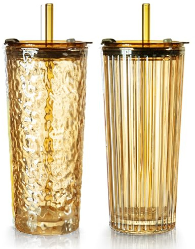 Puraville 2 Pack 550ml Glass Cups with Lids and Straws, Amber | Vintage Pattern Thickened Glassware for Whiskey Cocktail Beer, Mason Jar Drinking Glasses Tumbler Iced Coffee Cup