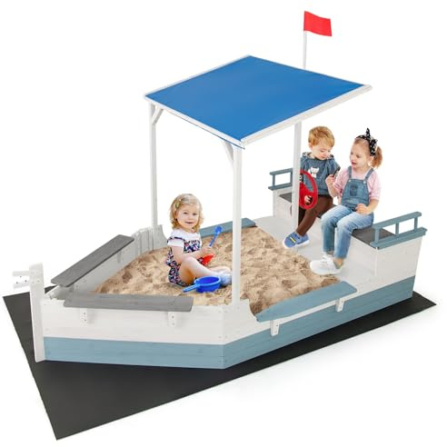 GYMAX Kids Wooden Sandbox, Pirate Ship Sandpit with Bench Seat, Hidden Storage, Canopy, Flag, Rudder & Bottom Liner, Outdoor Sand Pit for Backyard Garden Beach