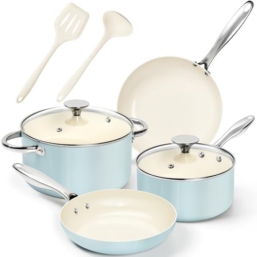 MICHELANGELO Ceramic Pots and Pans Set 8pcs, Induction Compatible | Ceramic Coating, Non Stick, Low Oil Cooking, Ideal For Breakfast Vegetables Pasta And Family Cooking From Small To Large Meal
