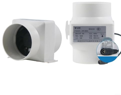 75/100 mm Inline-K-Ventilator, 12 V, ABS-PVC-Gehäuse, geräuscharm, 47 dB, hoher Luftstrom, 100 m³/h, 155 m³/h, für Küche, Badezimmer, Gewächshaus, Werkstatt, Weiß (100 mm)