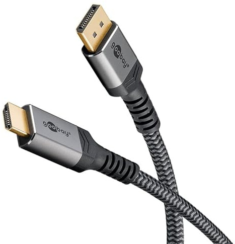 goobay Plus Serie 2 m DisplayPort auf HDMI™ Kabel, 8K @ 60 Hz, richtungsgebunden, Ultra HD, Audio & Video, vergoldete Stecker, Textilmantel, Metalldesign Sharkskin Grey, DP 2.0 auf HDMI, 78965