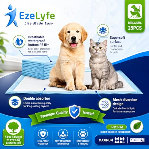 Dog Training Pads 60 x 90cm - Extra Large Puppy Pads, Super Absorbent Leakproof Wee Pads, Disposable Pet Toilet Training Mats, Non Toxic 5 Layer Pads for Dogs, Puppies & Cats (Pack of 25)